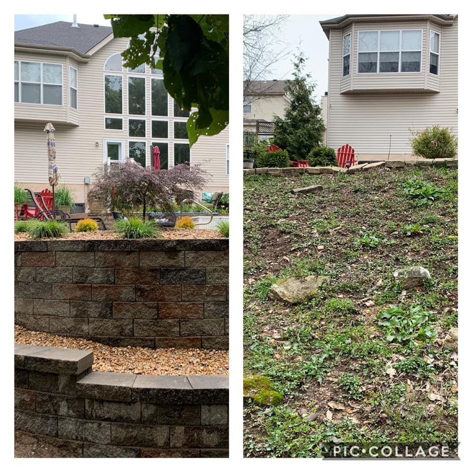 A Before and After Picture of A House with A Brick Wall | O’Fallon, MO | Vickscapes Land Maintenance and Pools