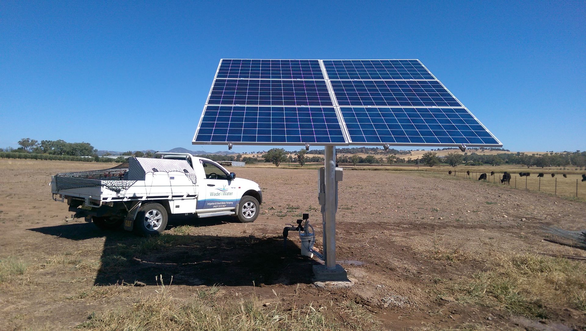 Water Pumps And Solar Panels on a Farm — Wade N Water In Nemingha, NSW