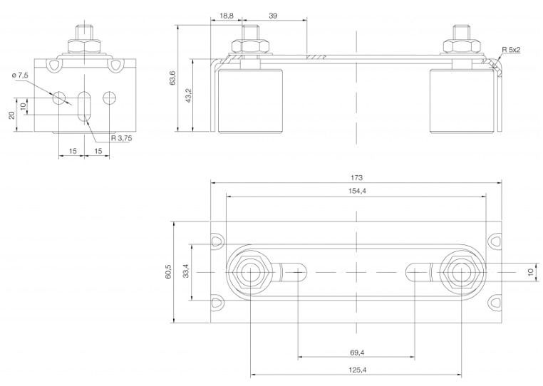 Soporte metálico con dos rodillos de goma y tornillos de fijación.