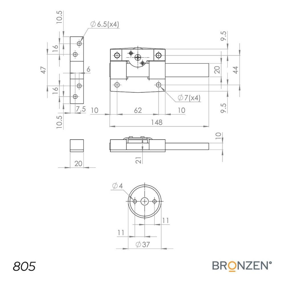 Cerradura de ventana metálica brillante con llave, tornillos y placa circular.