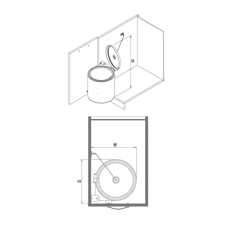 Cubo de basura de acero inoxidable dentro de la puerta abierta de un armario. La tapa está abierta.