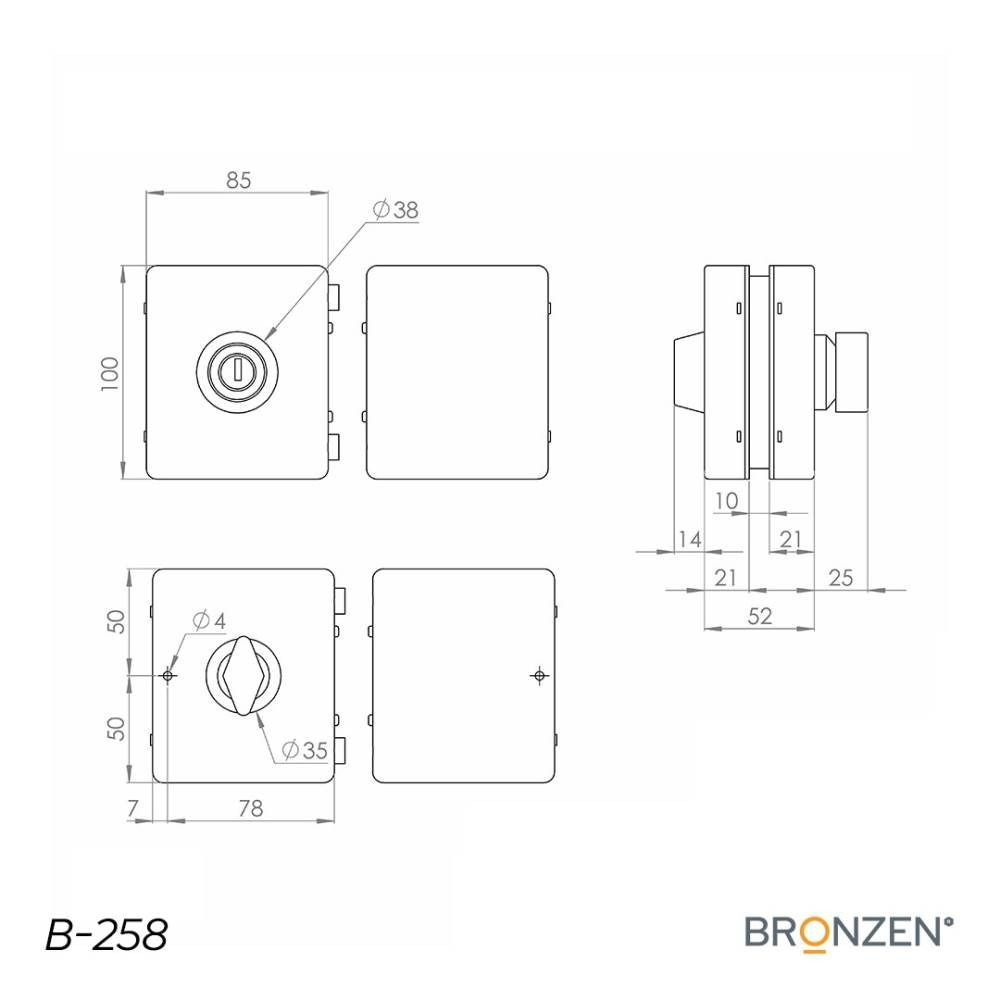 Cerradura cuadrada de cristal plateado con llaves, pieza lateral izquierda, pieza lateral derecha con ojo de cerradura.