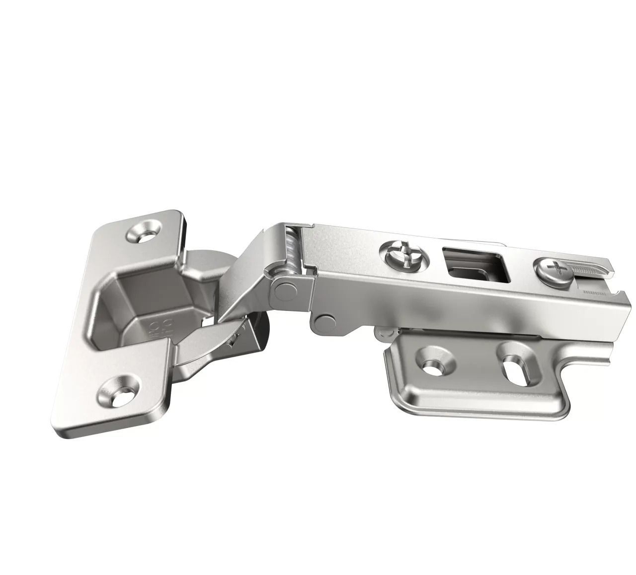 Bisagra plateada para armario, abierta, con orificios para tornillos de montaje.