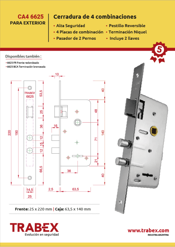SET DE CERRADURA 6625 + CERROJO 625 IGUAL COMBINACION , 2 LLAVES TRABEX