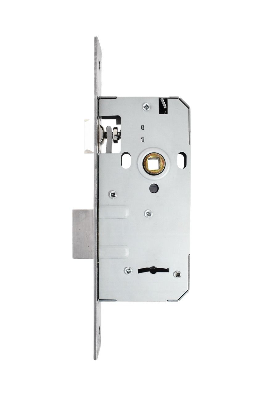 Cerradura de embutir de metal plateado con cerrojo y pestillo.