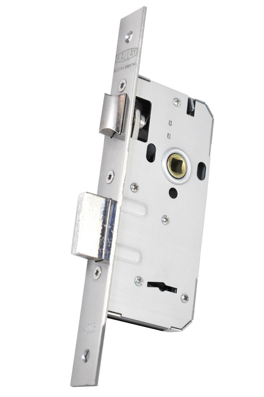 Cerradura de embutir de metal plateado con cerrojo y pestillo.