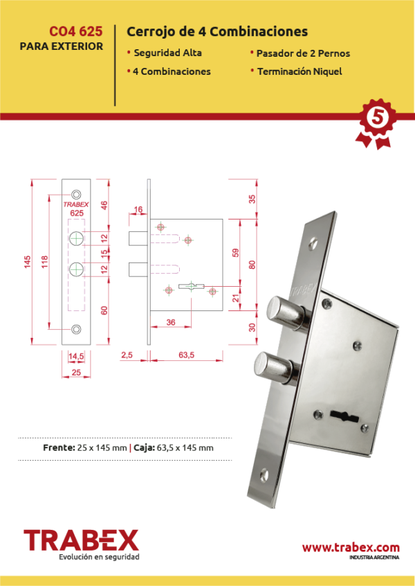 SET DE CERRADURA 6625 + CERROJO 625 IGUAL COMBINACION , 2 LLAVES TRABEX