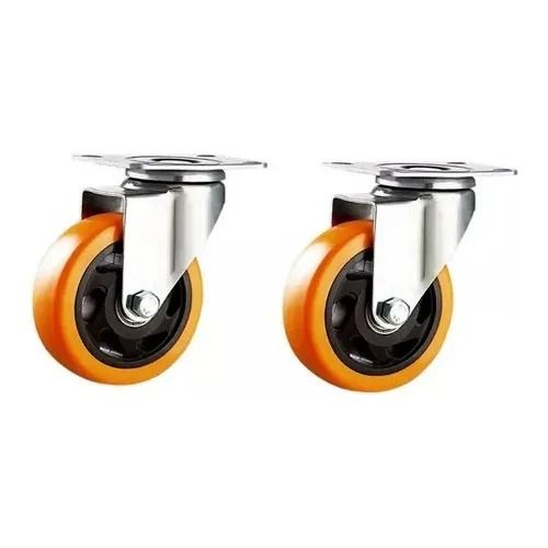 Dos ruedas giratorias naranjas y negras con soportes plateados.