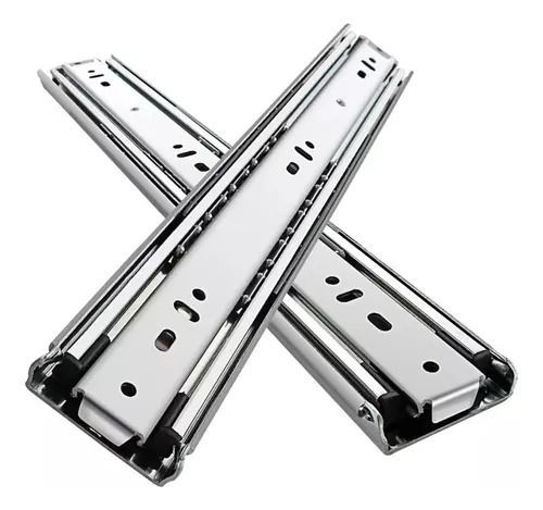Dos guías metálicas para cajones, plateadas, cruzadas entre sí.