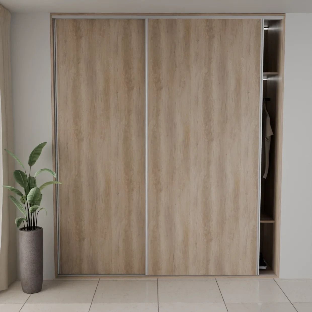 Armario empotrado de madera con puertas correderas y la abertura a la derecha.