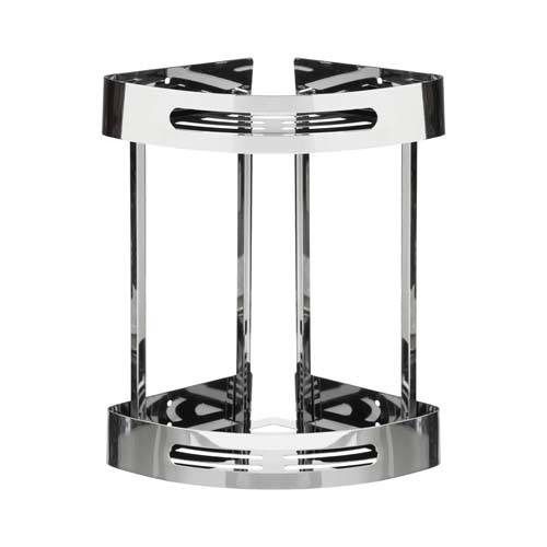 Estante esquinero triangular para ducha con acabado cromado.