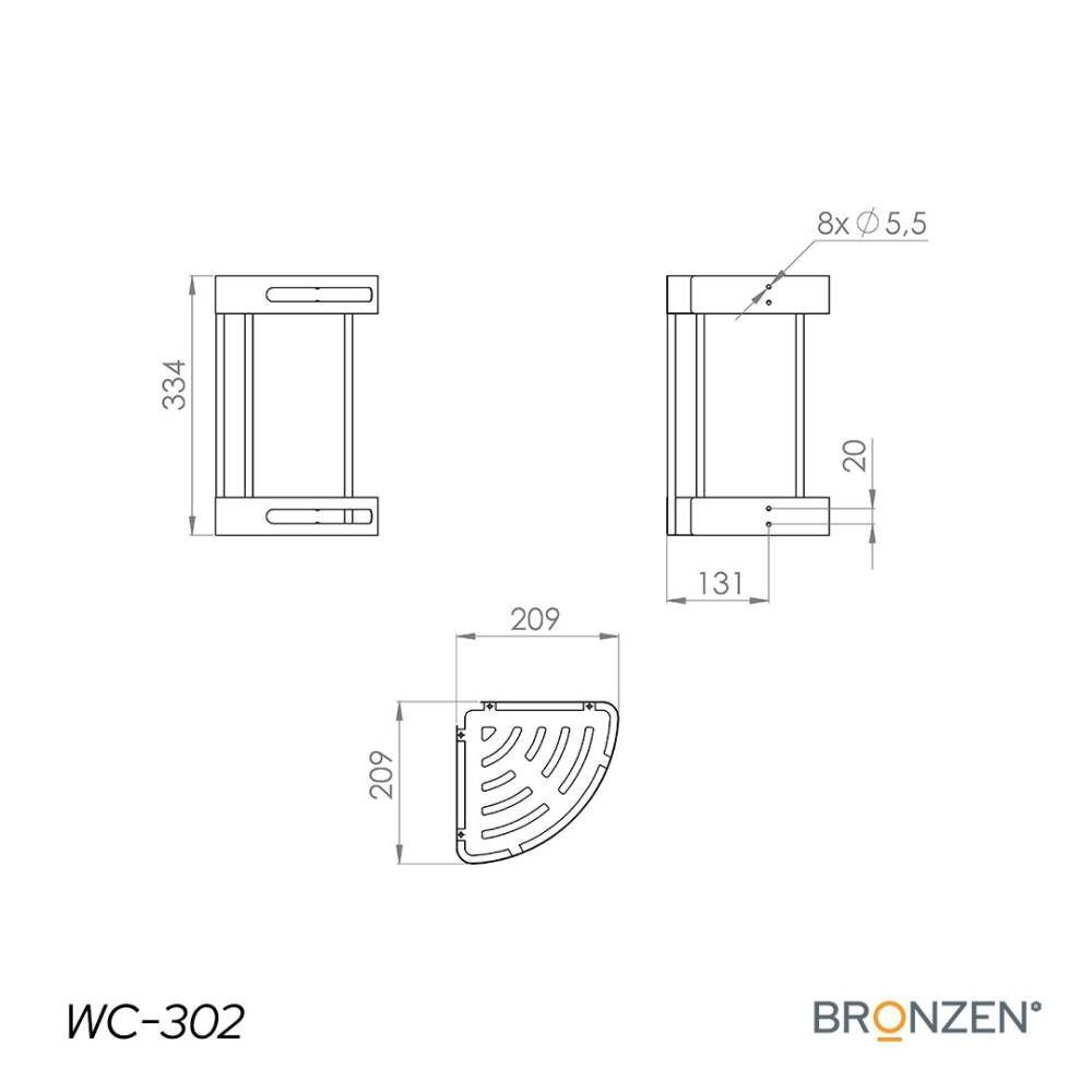 Estante de ducha esquinero cromado con dos estantes triangulares unidos por tres barras verticales.