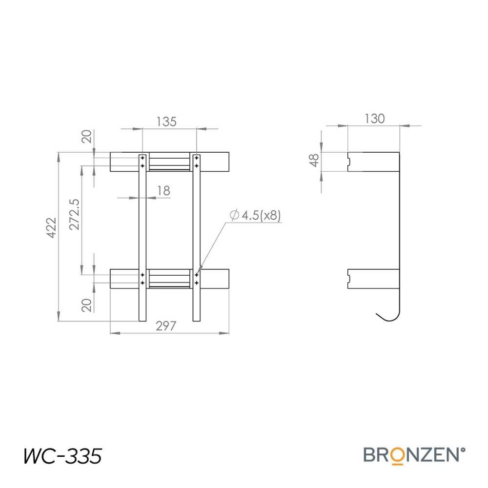 Organizador de ducha de dos niveles con acabado cromado, estantes rectangulares y soportes verticales.