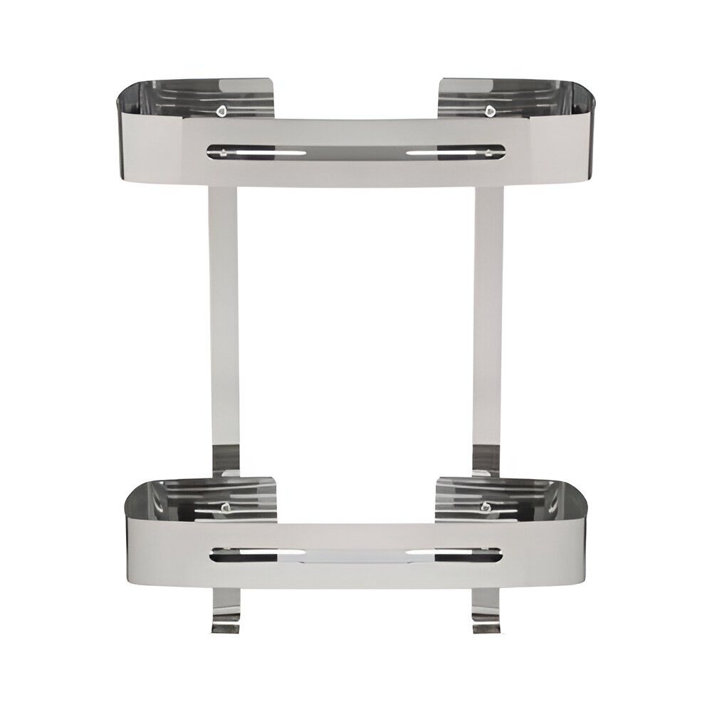 Organizador de ducha de dos niveles con acabado cromado, estantes rectangulares y soportes verticales.