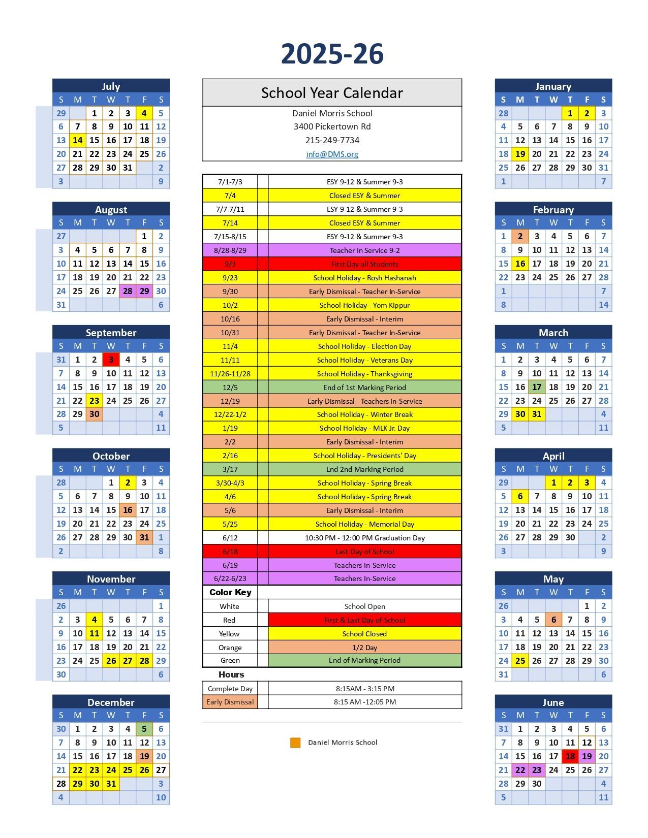 The Daniel Morris School 12-month calendar for the school year is shown.