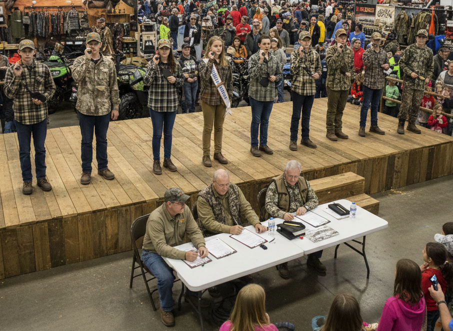 People on a stage wearing camouflage and jeans, with judges at a table, at an indoor event.