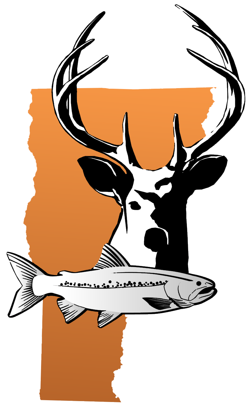 A black and white drawing of a deer and a fish