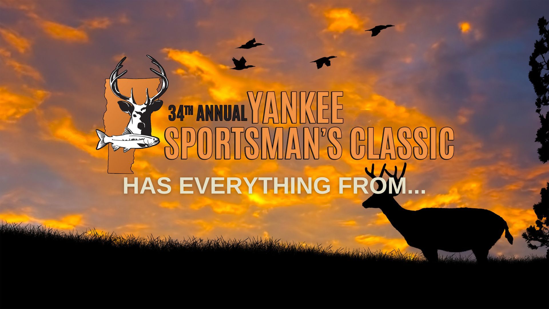 Yankee Sportsman's Classic ad: deer silhouette on hillside with sunset. Includes deer/fish logo, birds, and text.
