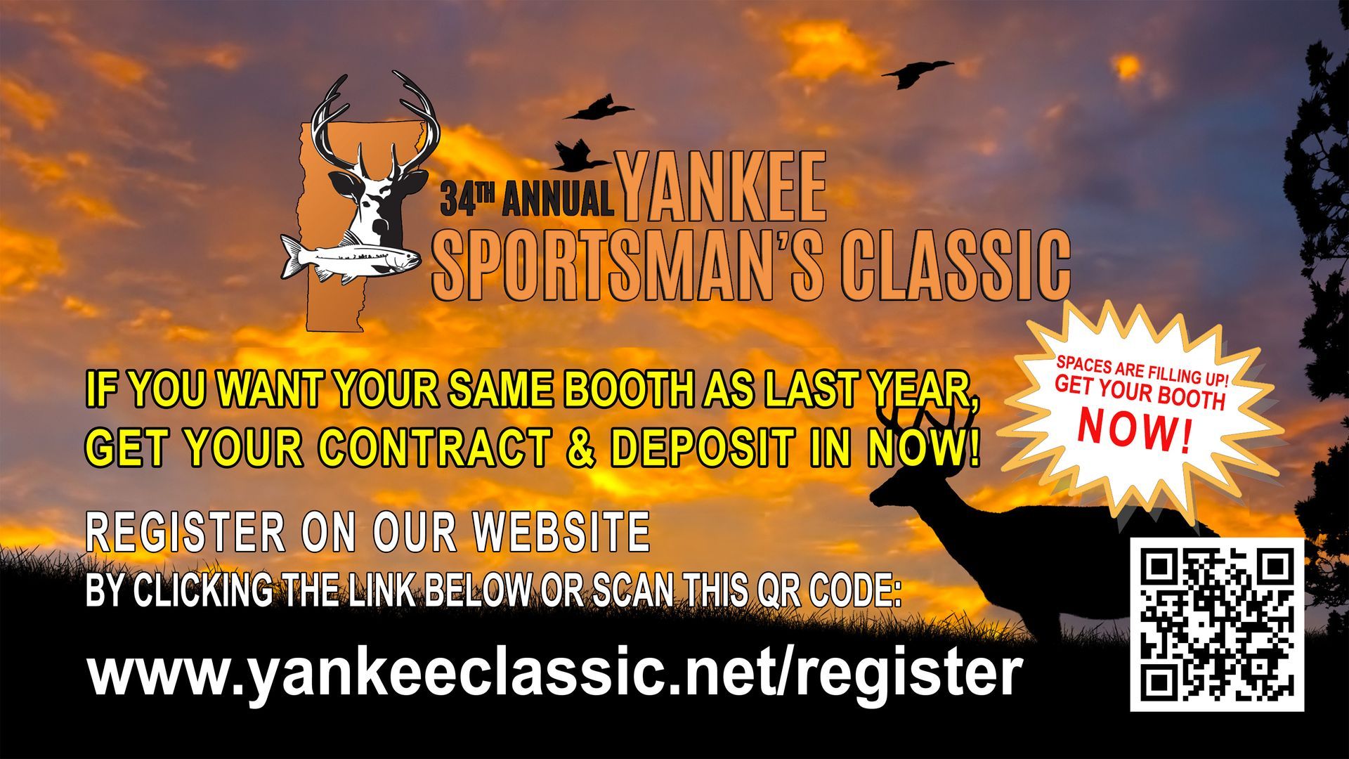 Advertisement for the 24th Annual Yankee Sportsman's Classic. A deer silhouette with text and a QR code against a sunset background.