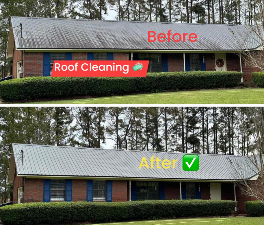 A picture of a house before and after roof cleaning