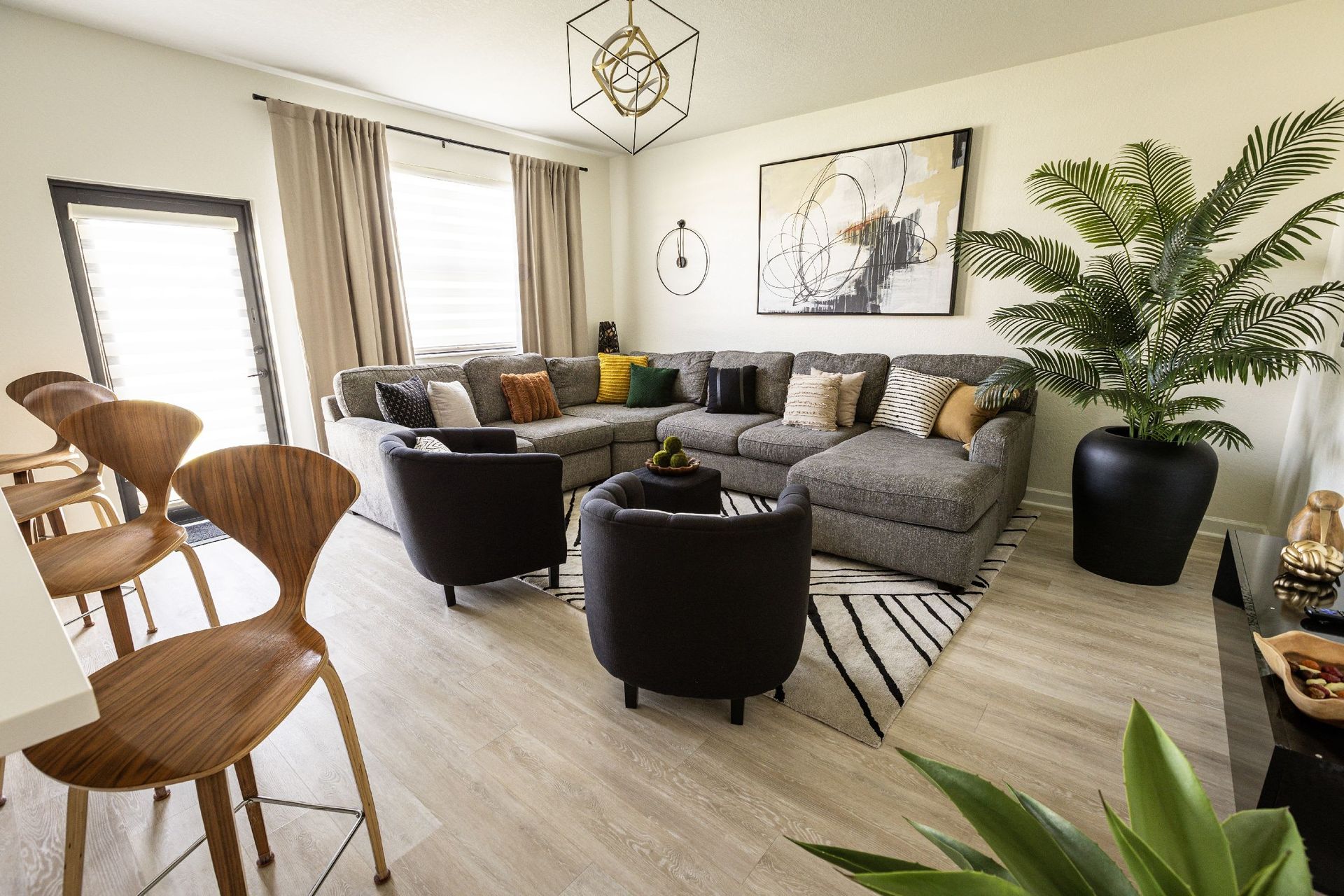A modern living room with a large sectional sofa, two black armchairs, and a potted palm.