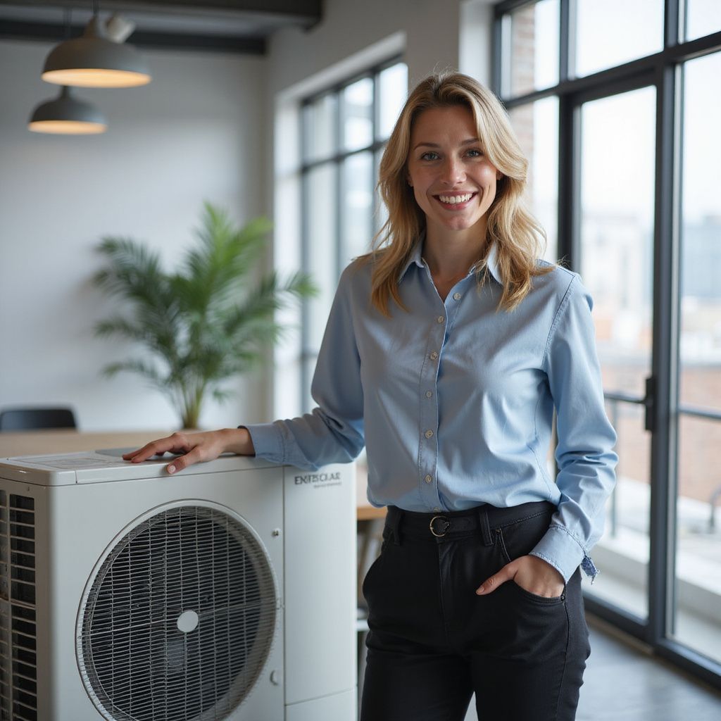 Een vrouw in een blauw shirt lacht naast een witte airconditioningunit in een kantoor met een raam.