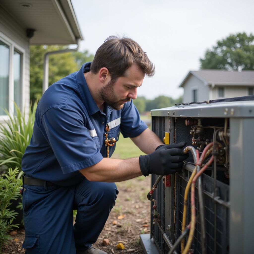 Een HVAC-technicus in een blauw uniform knielt en werkt aan een airconditioningunit buiten een huis.