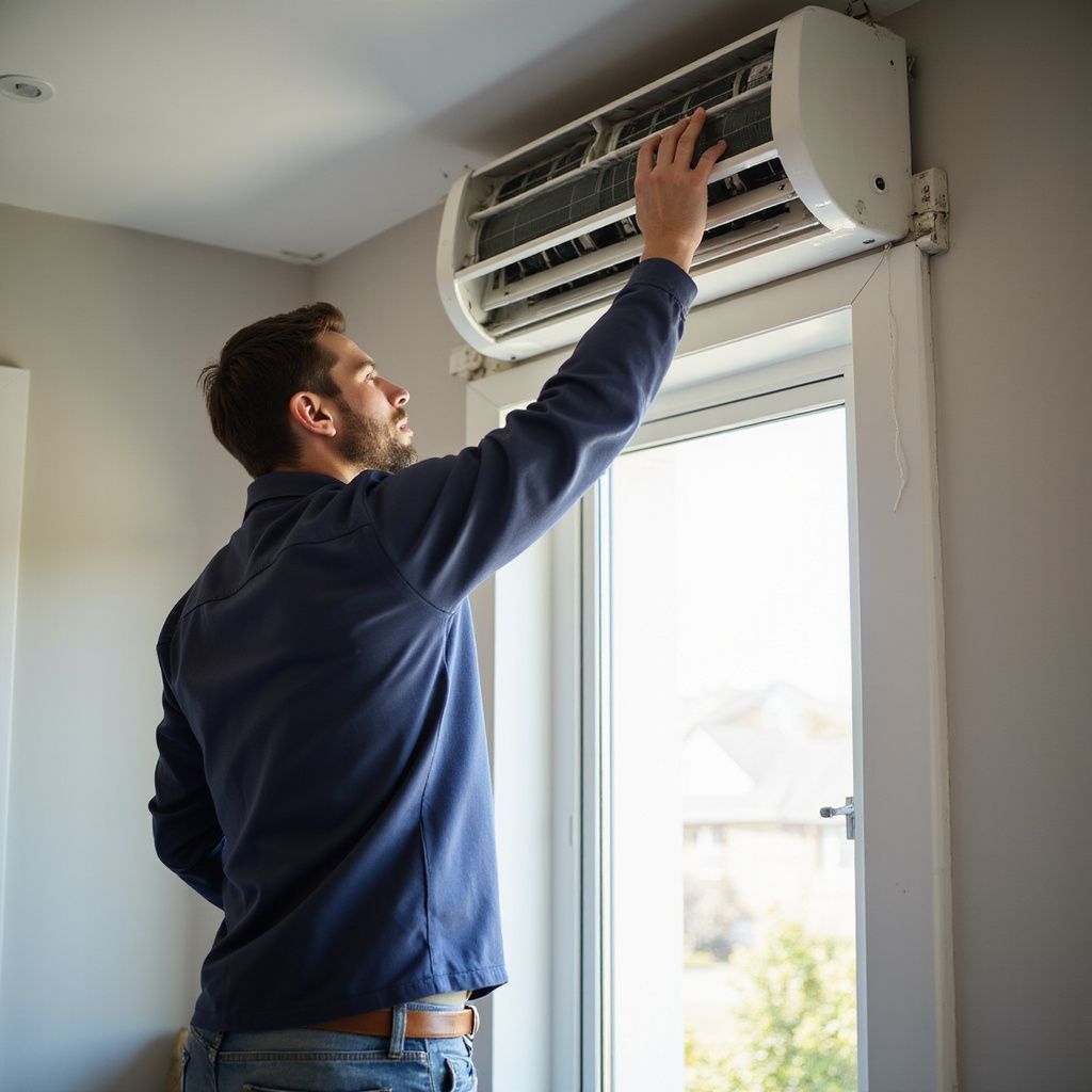 Een man inspecteert een airconditioningunit die boven een raam is gemonteerd.