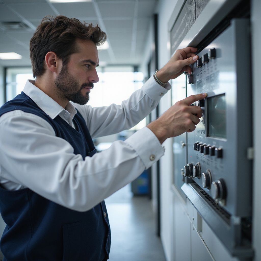 Een man in uniform bedient een machine met knoppen en een scherm in een witte gang.