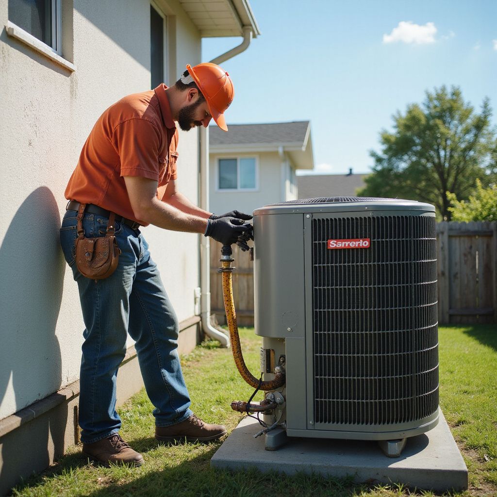 Een HVAC-technicus in een oranje shirt, met een veiligheidshelm en handschoenen, inspecteert een buitenunit van een airconditioningsysteem.