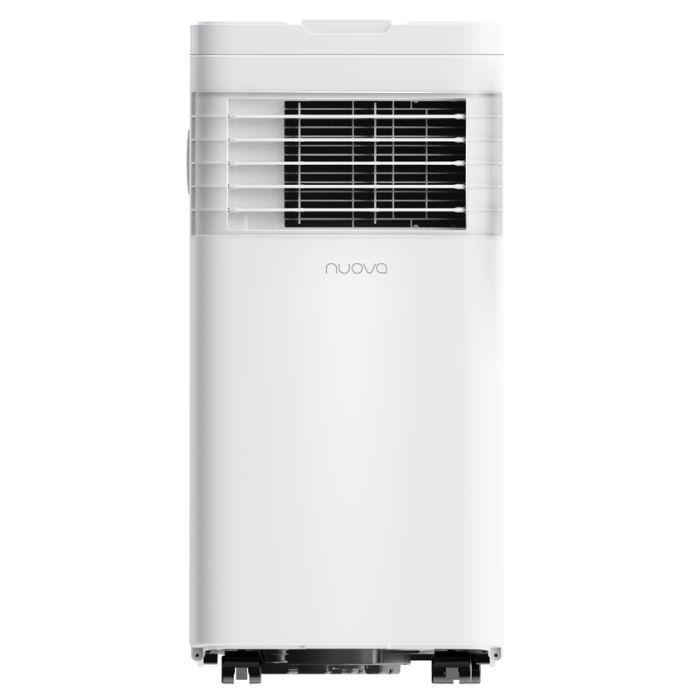 Witte draagbare airconditioner met zwart ventilatierooster op een effen achtergrond.