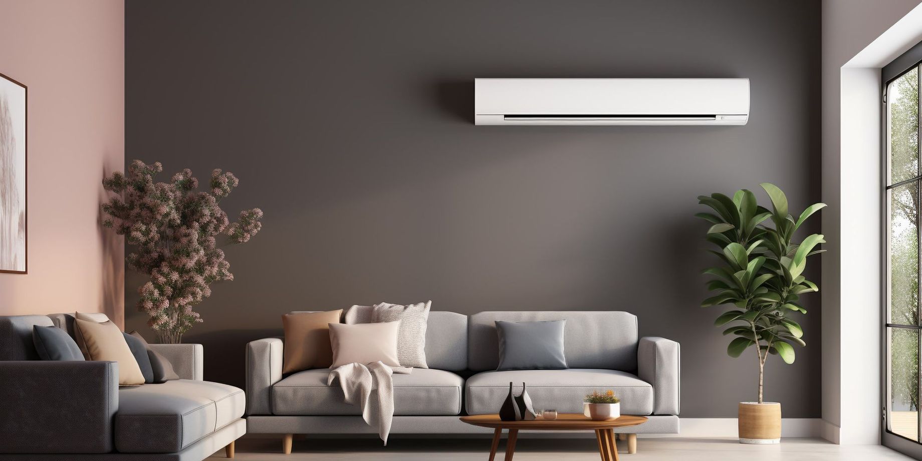 Woonkamer met grijze bank, airconditioning en planten tegen een donkergrijze muur.