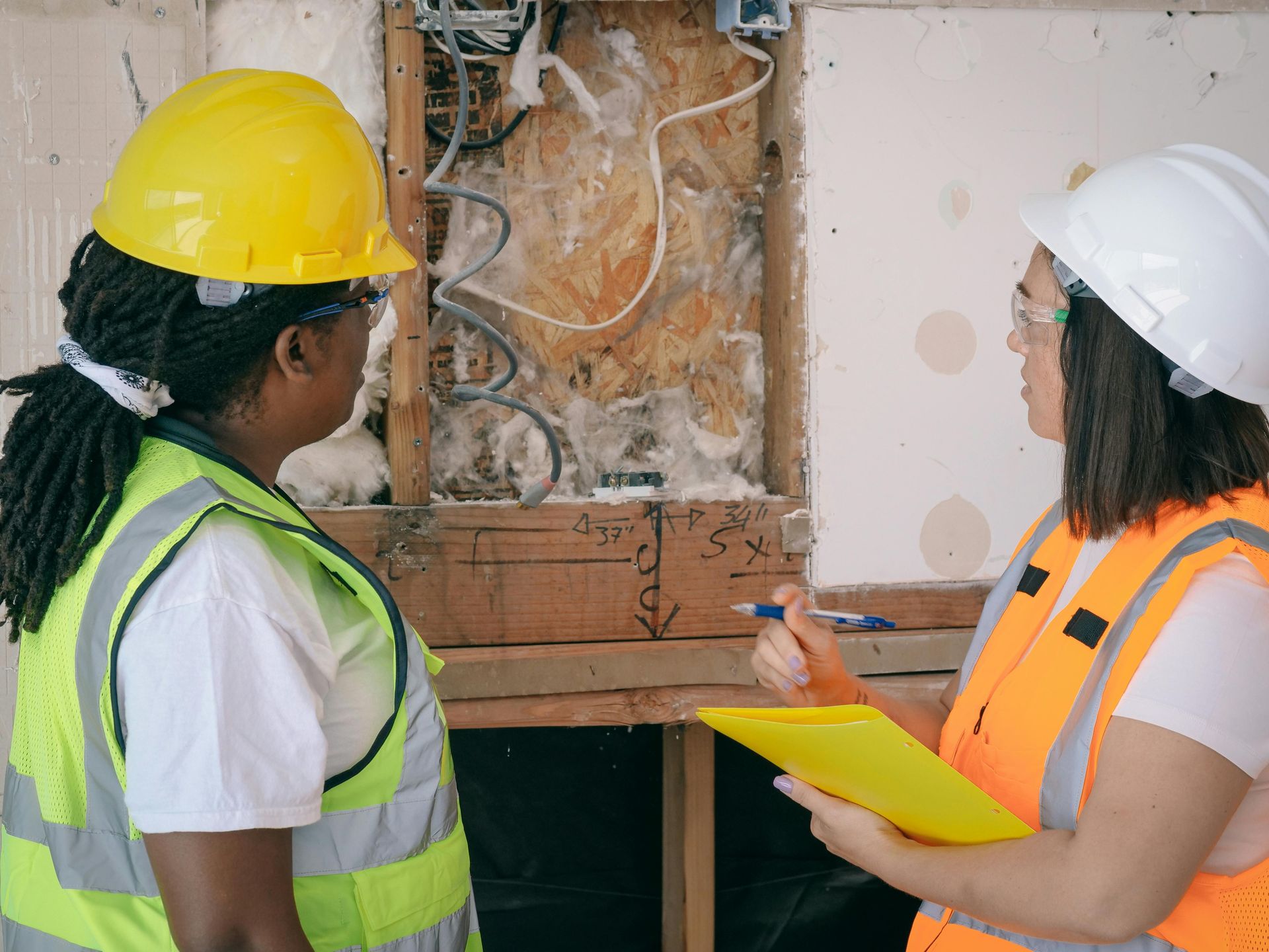 Two women wearing hard hats and safety vests are looking at a clipboard.
