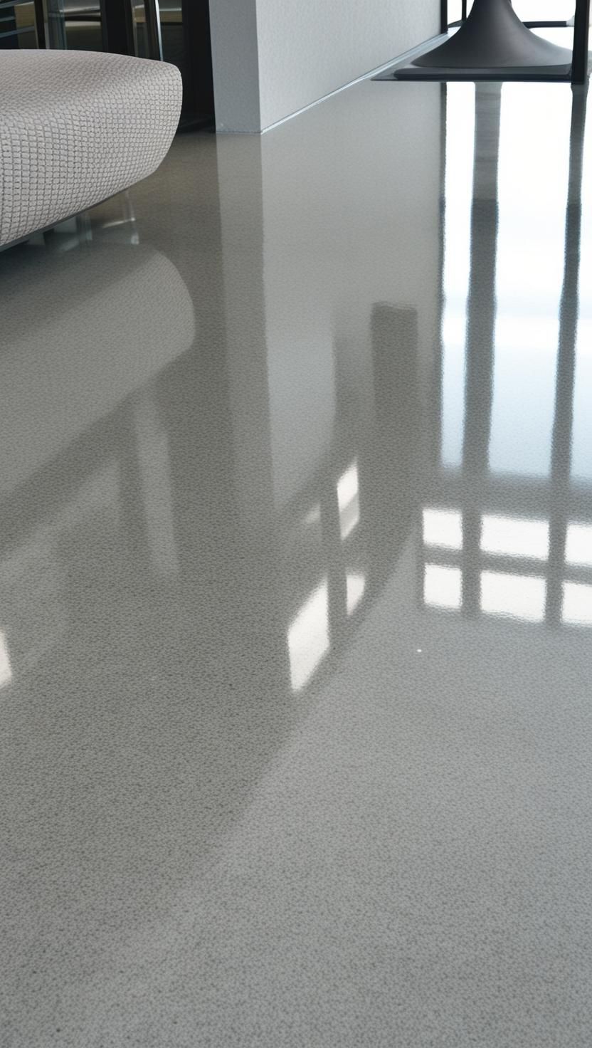 A couch is sitting on a shiny concrete floor in a living room.