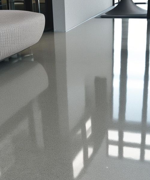 A couch sits on a shiny floor in a living room