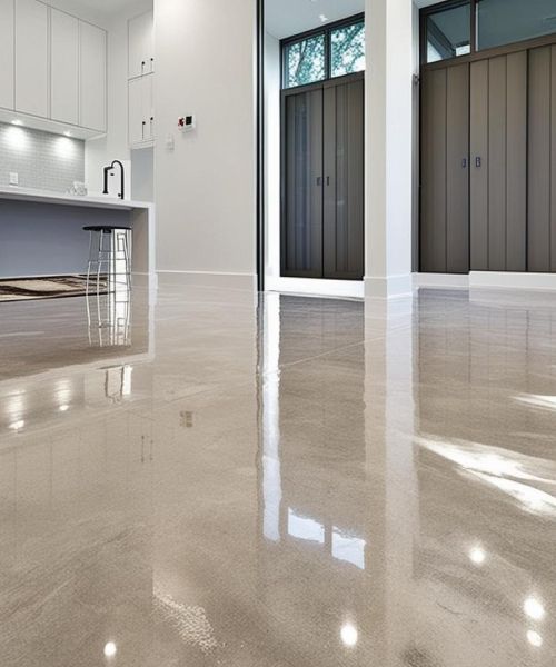 A kitchen with a shiny floor and cabinets