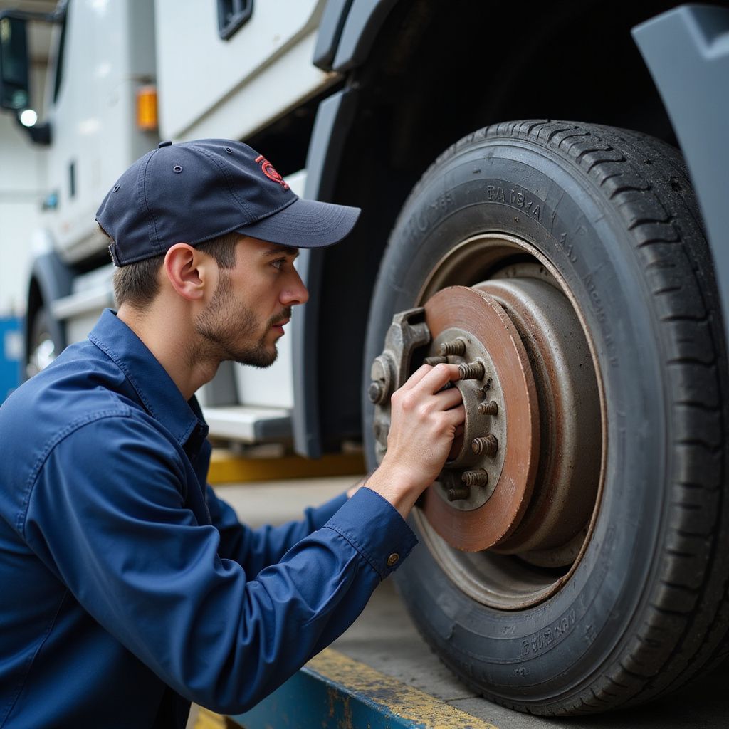 Mechanic in blue uniform, checking truck brake. Brown brake disc, dark tire, cap.