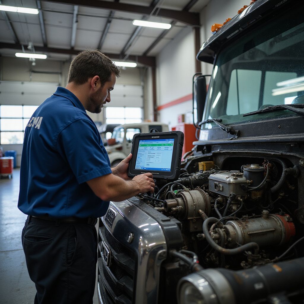 Mechanic using a tablet to diagnose a truck engine in a repair shop.