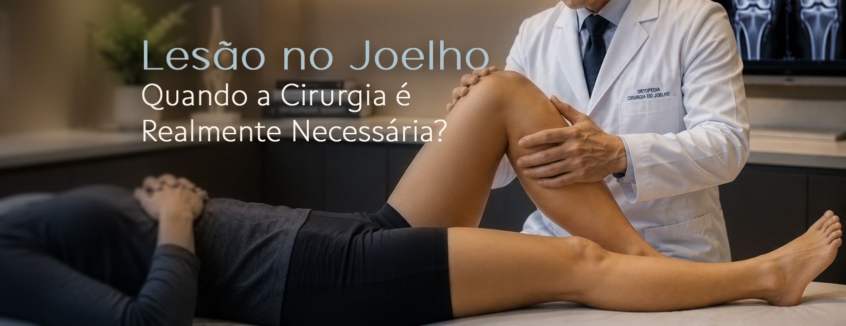 Médico examinando o joelho de uma paciente deitada sobre a maca no consultório ortopédico