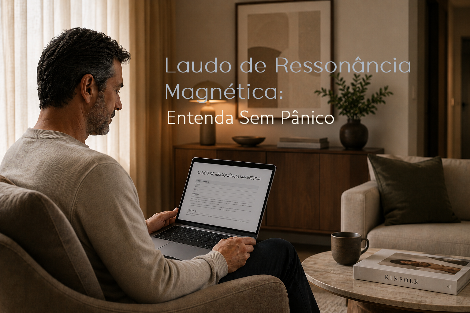 Homem sentado em sua sala de estar lendo o laudo de um exame de imagem no seu notebook