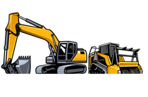 A cartoon drawing of a bulldozer , excavator , and bulldozer on a white background.