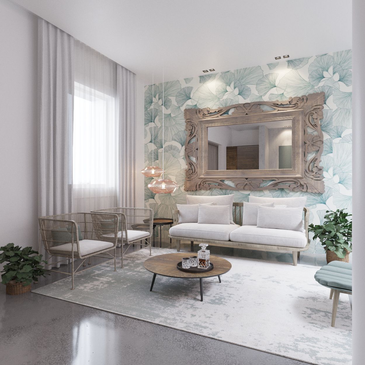 Elegante lobby del LD Convento Cister con sofá blanco, espejo ornamentado y detalles florales, reflejando lujo y confort.