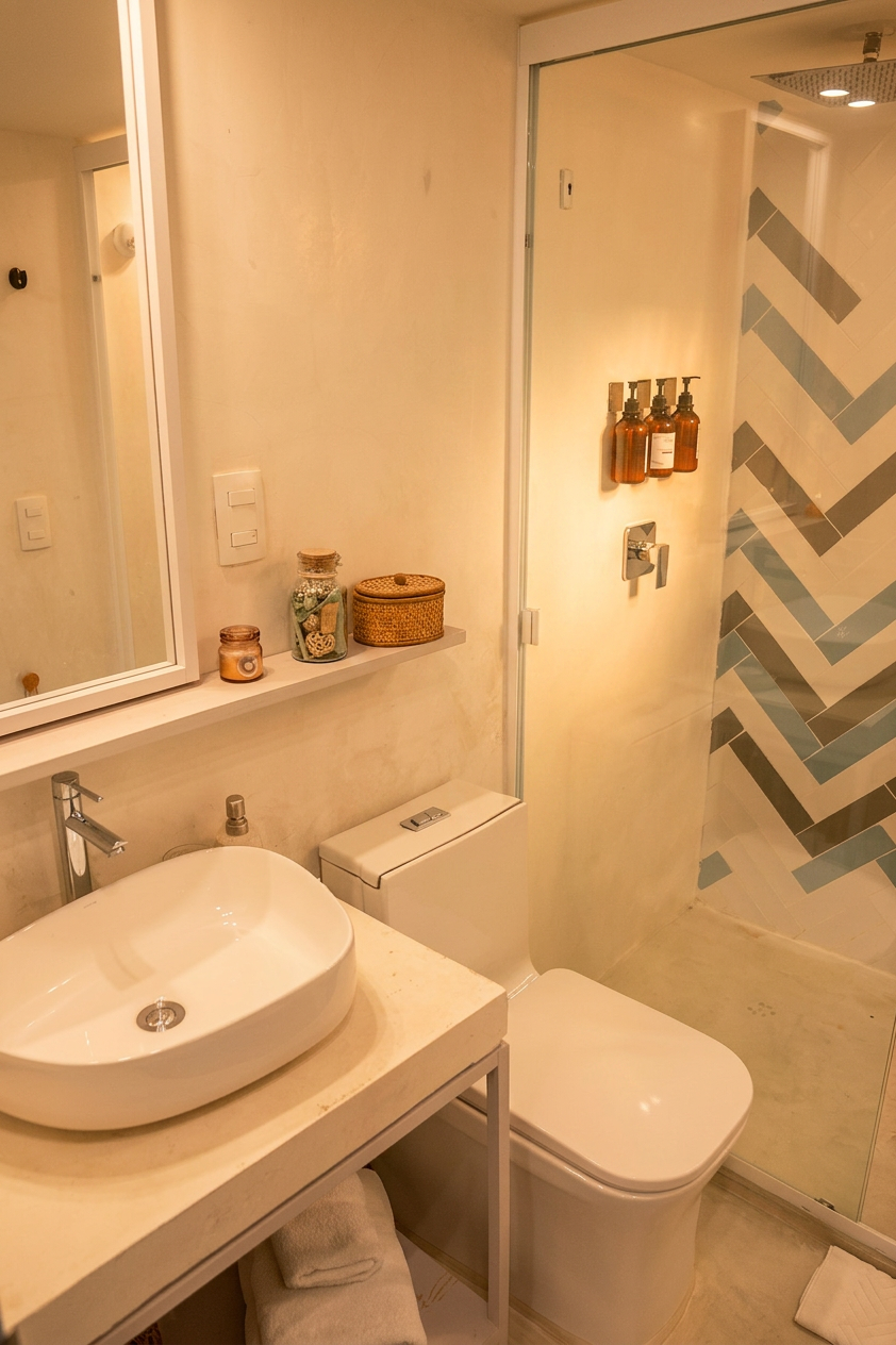 Baño moderno con lavabo, inodoro y ducha con patrones geométricos en azul y gris.