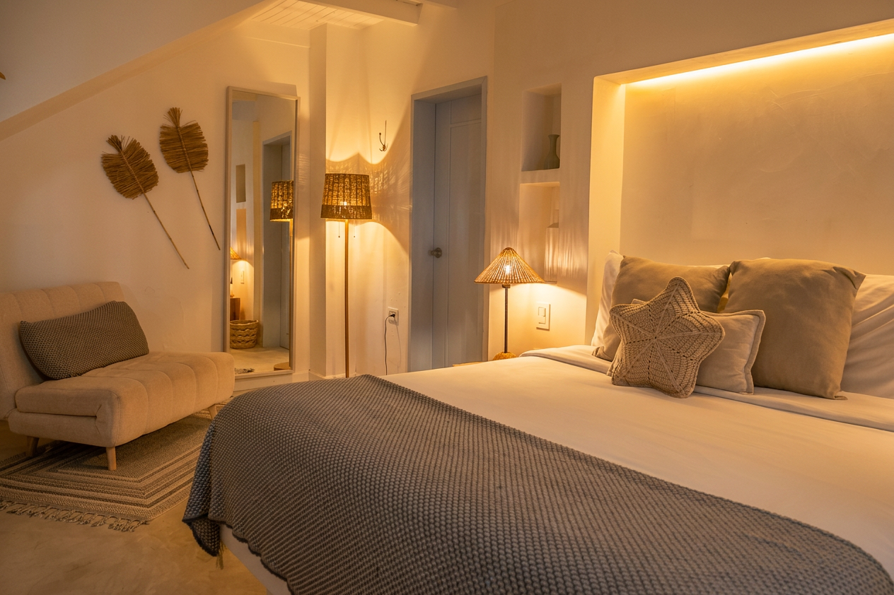Habitación moderna y minimalista en Hotel Laguna by LD Hoteles, con cama grande y decoración elegante.