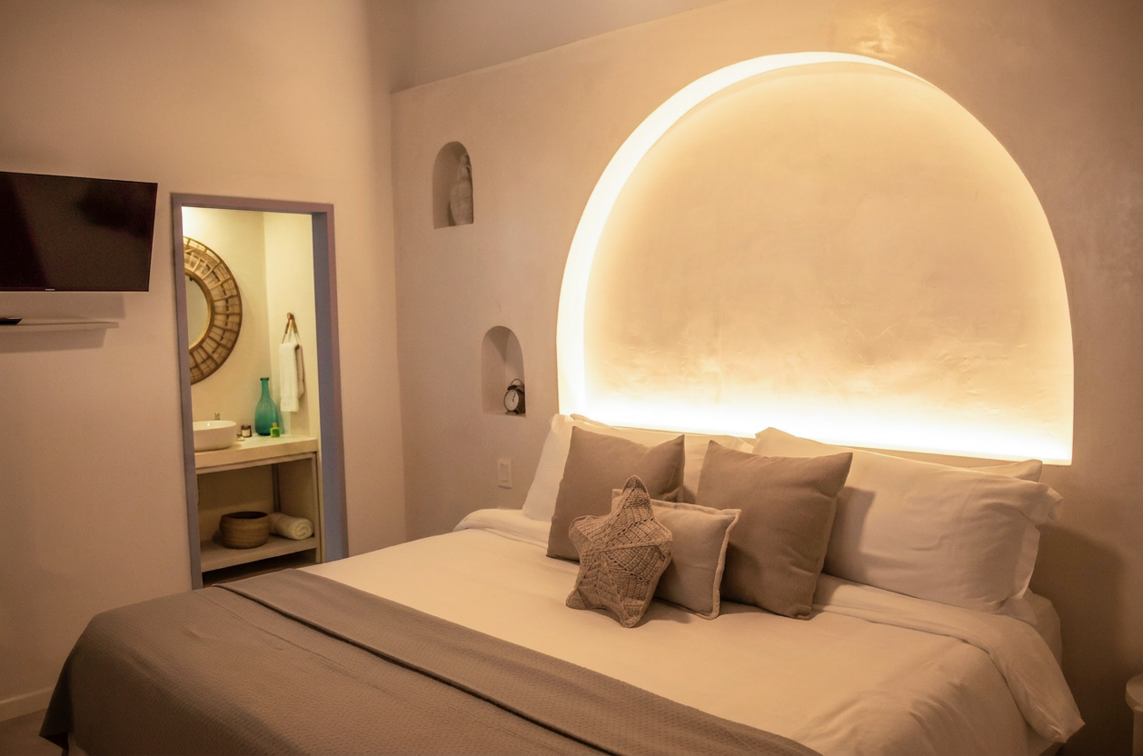 Habitación luminosa y minimalista en Hotel Laguna by LD Hoteles, con cama doble y decoración sencilla.