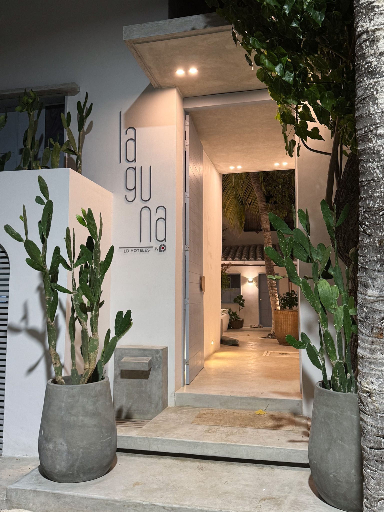 Fachada del Hotel Laguna by LD Hoteles en Los Roques, con balcón adornado con flores y palmeras al frente.
