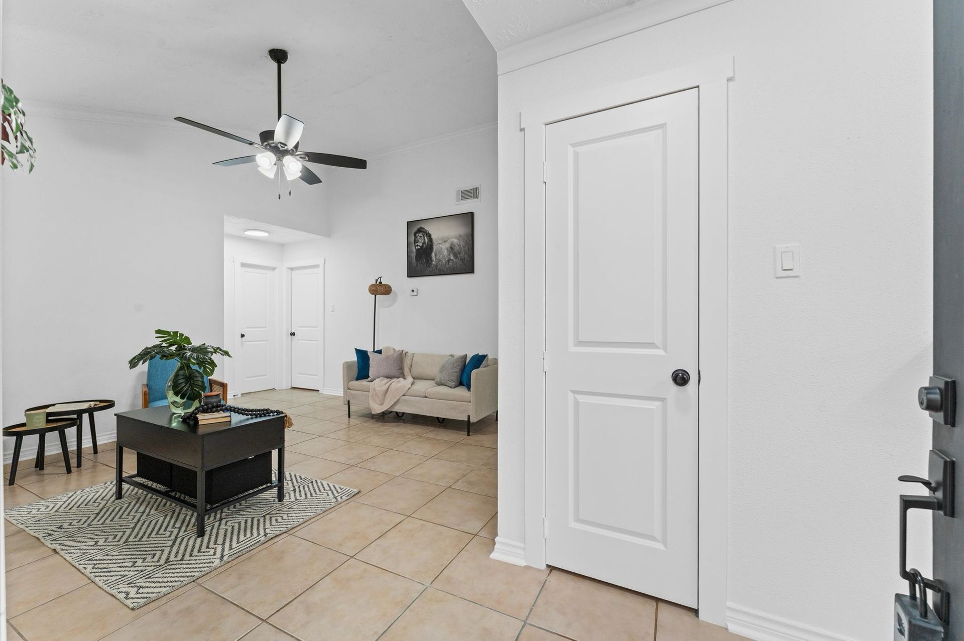 A living room with a ceiling fan and a couch.