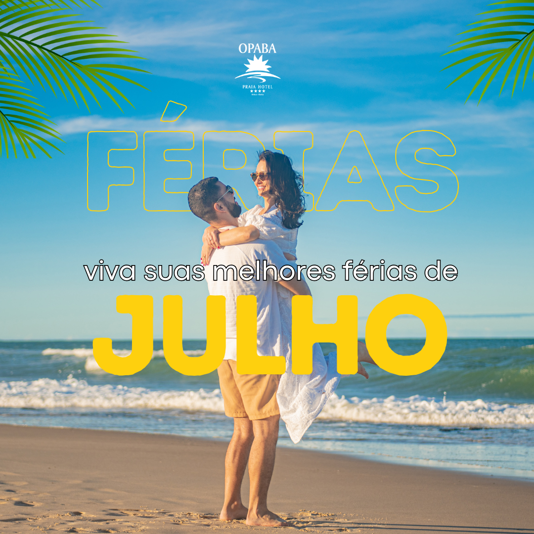 Anúncio de ferias de julho mostra gente brincando na piscina