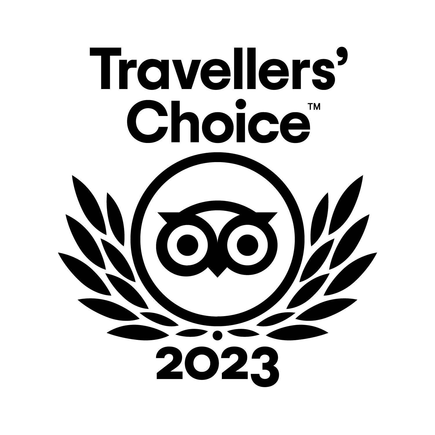 O logotipo da Travelers Choice 2023 é um logotipo em preto e branco com uma coruja e uma coroa de louros.