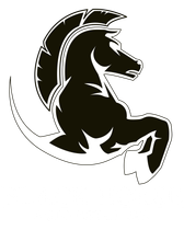 Black stylized horse logo rearing with a helmet-like crest on a white background